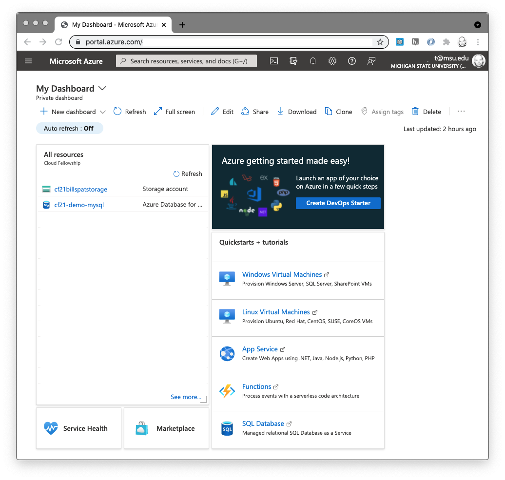 Example Azure Portal Dashboard