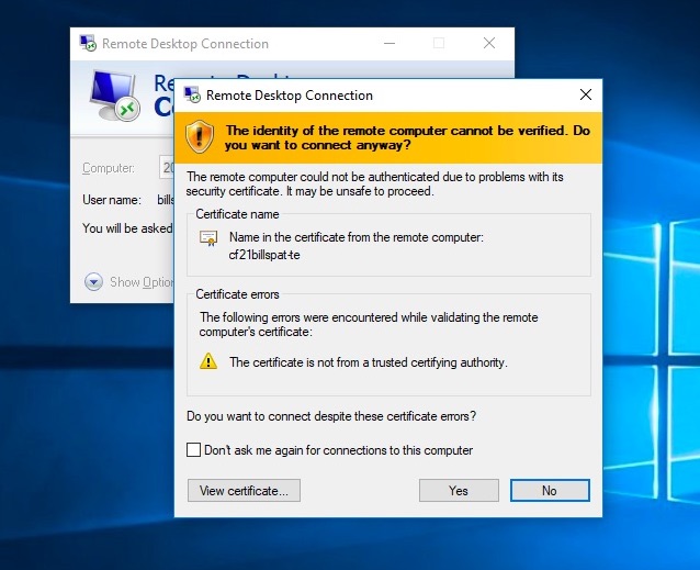 Windows remote desktop Certificate Warning