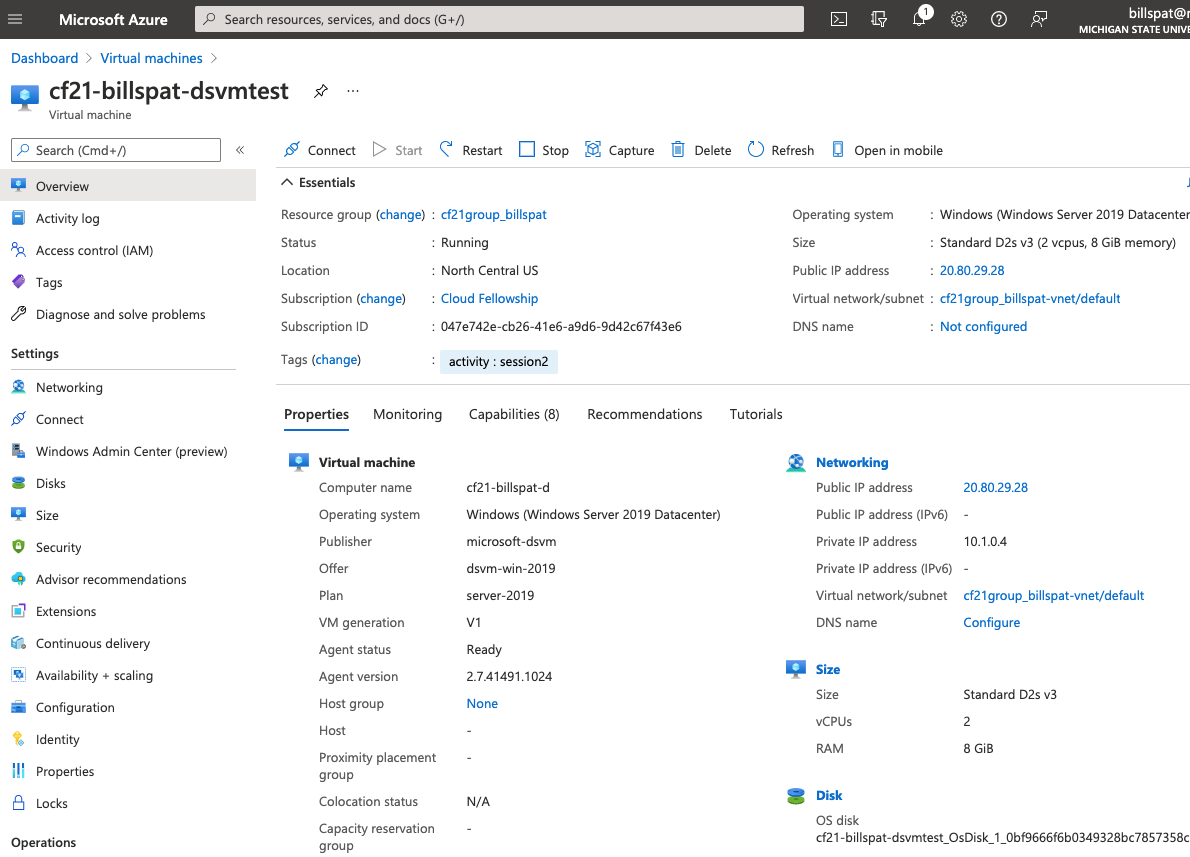 Azure Portal view of an example VM